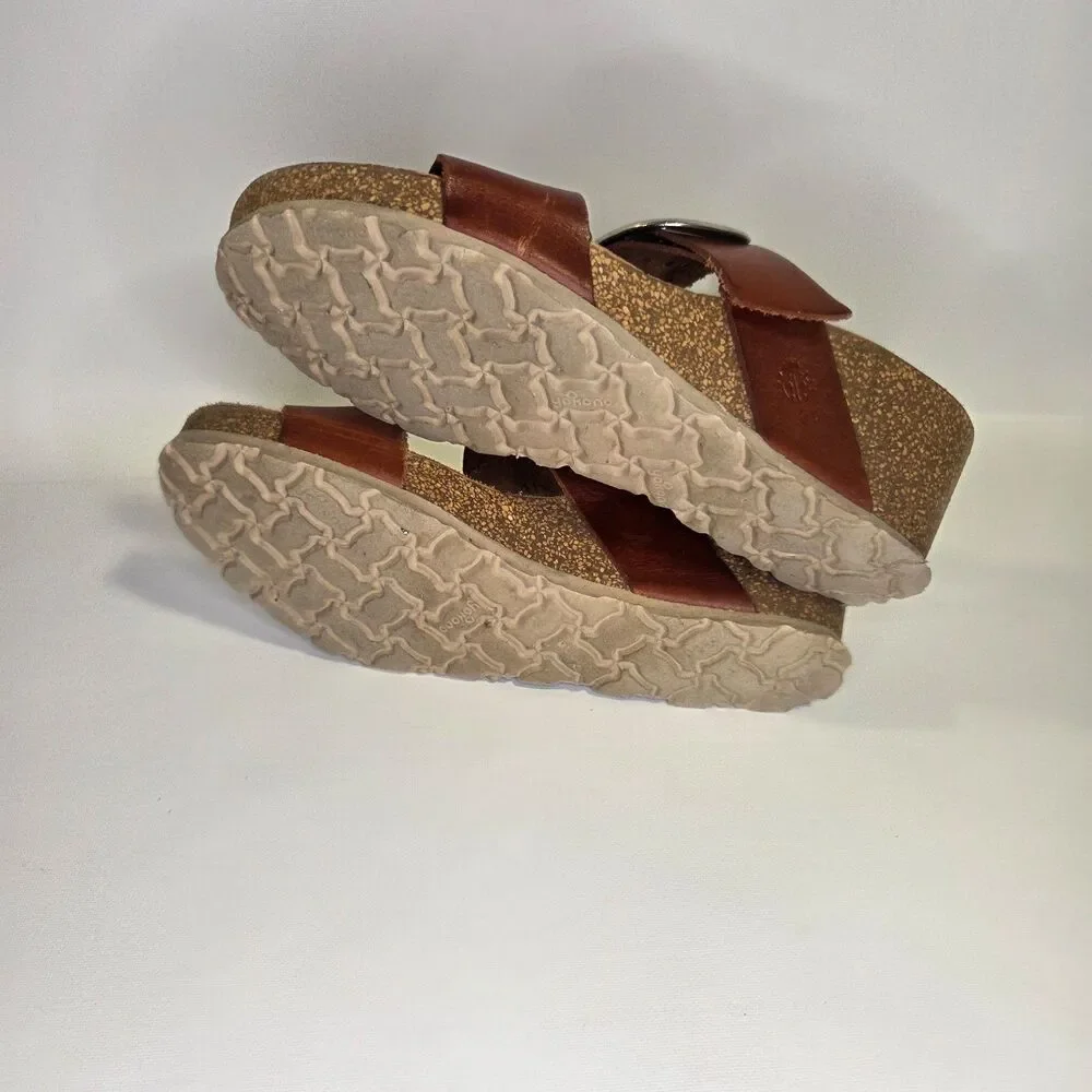 Yokono Brown Leather Wedge Buckle Slide Sandals Size 8 Spain